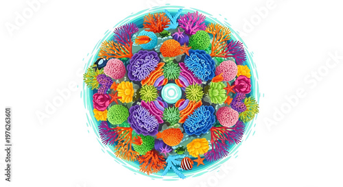 A vibrant and colorful illustration of a coral reef in a circular shape with various sea creatures and plants