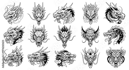 Collection of Mythical Dragon Head Illustrations - Eastern and Western Styles