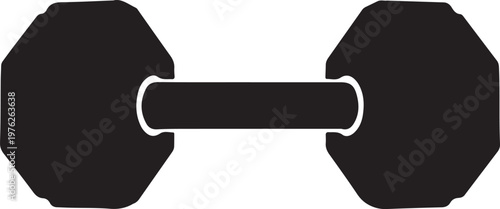 A bold, black silhouette of a classic hexagonal dumbbell, representing strength training, fitness, and a healthy lifestyle, isolated on a clean white background, ideal for sports and exercise-related 
