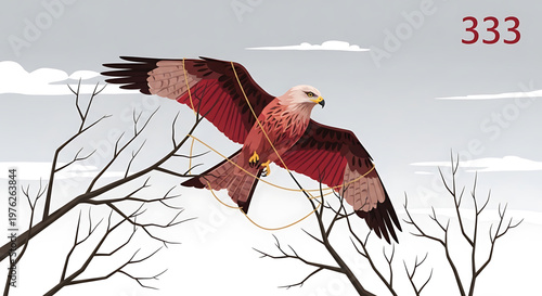 A vector graphic illustration of a red kite bird in flight with outstretched wings soaring above bare tree branches against a gray cloudy sky with the number 333 in the top right corner.