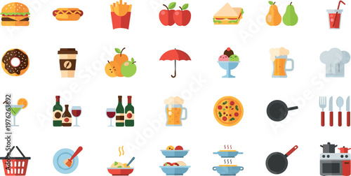 Food and Kitchen Icons Set with Burger, Fries, Coffee, Fruits, Pizza, Cookware, and Dining Elements for Restaurant, Menu, and Cooking Concepts
