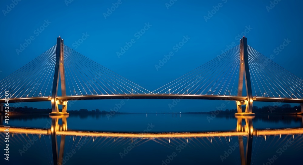 Obraz premium Modern cable-stayed bridge illuminated at night with its reflection on calm water.