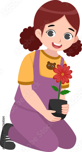 Cute Little Girl Planting Flowers and Gardening Activity Illustration