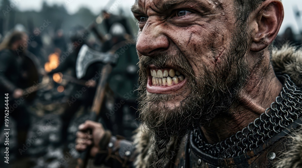 Obraz premium Intense Viking Warrior in Battle Cry with Fierce Expression and Details