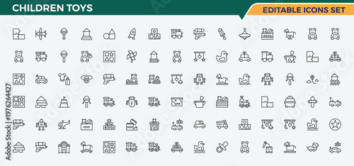 Set of Children Toys line icon. Contain linear symbols toy, game, children, ball, childhood, play and more. Play icon set. Editable stroke. Vector illustration.