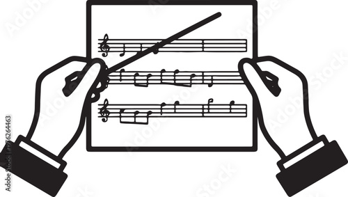 conductor leading an orchestra with sheet music