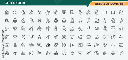 Child Care line icon set. Contain linear sign babies care, newborn, baby, care and more. Babies Care modern icon set. Minimal icons collection. Editable vector illustration.