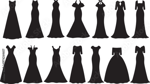 Collection of diverse black silhouettes of elegant evening gowns and formal dresses, showcasing various necklines and styles on a white background.
