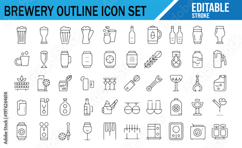 Craft beer and brewing icons outline style brewery equipment collection