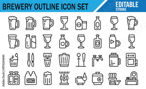 Brewery and pub icons set line style alcohol beverage and beer symbols