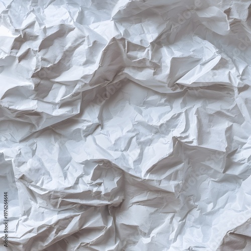 Abstract textured background of crumpled white paper, showcasing deep shadows and highlights, creating a minimalist and modern aesthetic, perfect for design projects