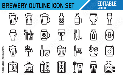 Beer brewing process icons outline style craft brewery vector collection
