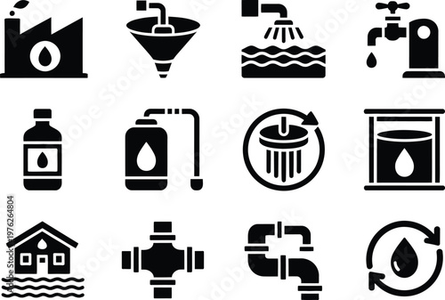 Black and white icons related to water and oil