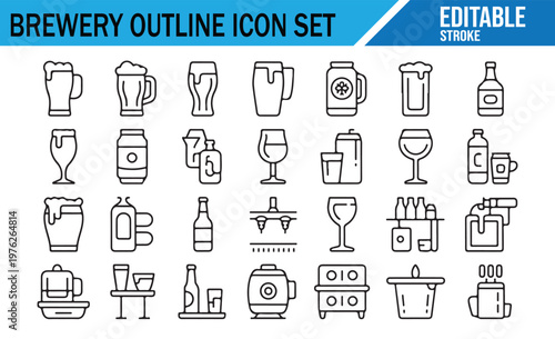 Brewery and beer production icons outline style alcohol drink vector collection