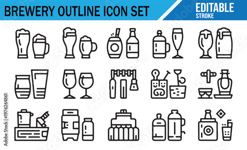 Brewery icon set outline style beer brewing process and alcohol beverage symbols