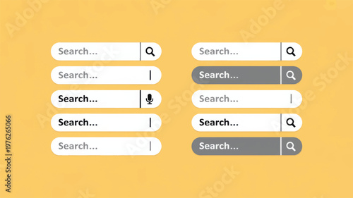 A colorful illustration of a search interface with multiple search bars and buttons on a bright background