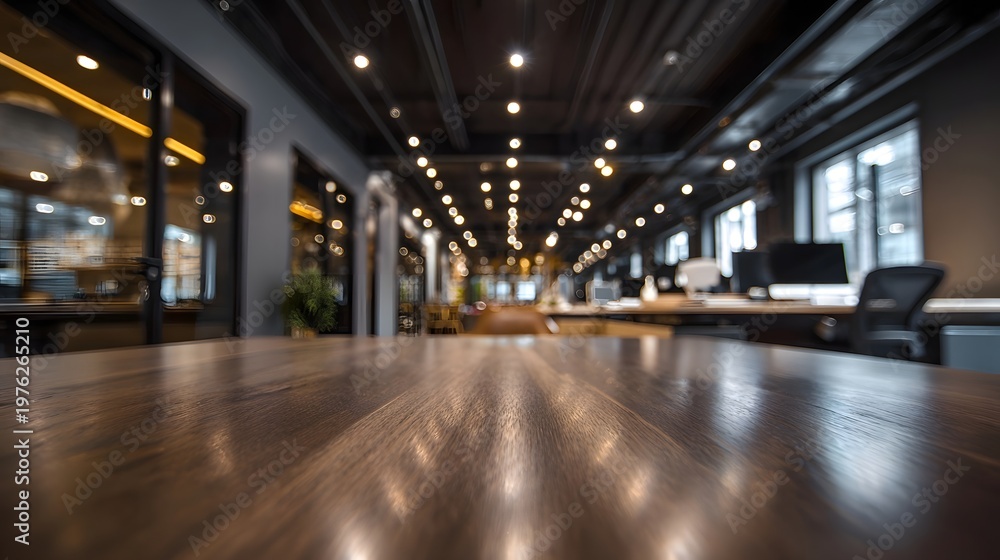 Fototapeta premium A close up shallow depth of field view across a polished wooden table surface in a modern corporate workspace