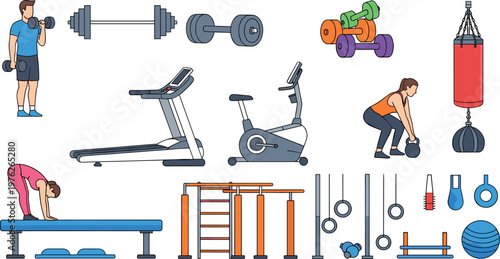 Gym Fitness Equipment and Workout Icons Set Featuring Dumbbells Treadmill Exercise Bike Punching Bag and Training Activities for Health Design