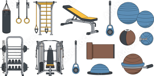 Gym Equipment Icons Set Featuring Punching Bag Rings Bench Machine Balance Ball and Strength Training Tools for Fitness Design