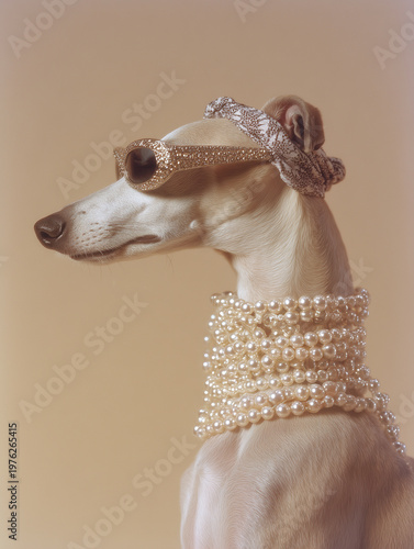 Italian Greyhound in Luxury Fashion Accessories with Pearls and Sunglasses
