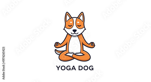Cute cartoon dog meditating in yoga pose with eyes closed.