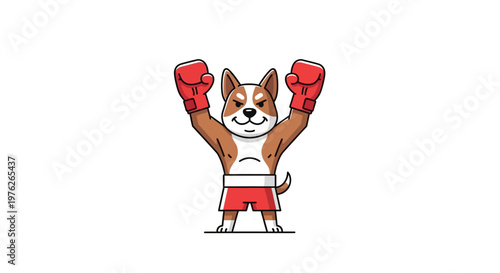 Cute cartoon dog boxer celebrating victory with red boxing gloves.