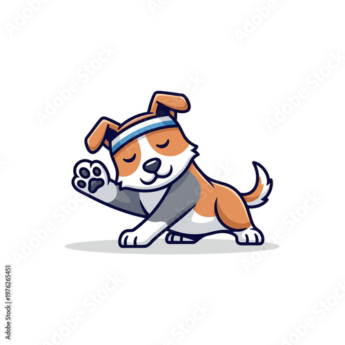Cute dog doing yoga exercise with headband.