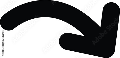 A thick black abstract curved arrow shape pointing downwards and to the right isolated on transparent background