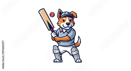 Cute Dog Playing Cricket Sport Illustration.