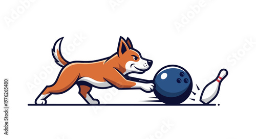 Cute dog playing bowling with a bowling ball and pin.