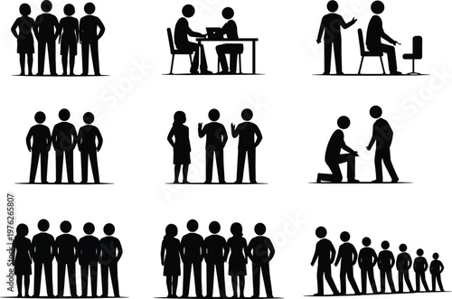 Business people silhouettes collection showing teamwork, meetings, hierarchy and collaboration scenes isolated on white background, corporate structure and professional interaction concept
