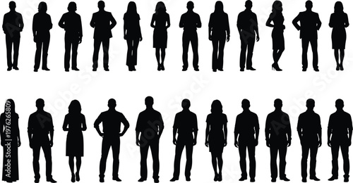 Large group of business people silhouettes standing in row, diverse professional team isolated on white background, corporate workforce diversity and organization concept