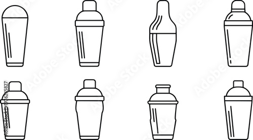 Cocktail shaker and bar mixer icon set with stainless drink shaker line art vector illustration collection isolated