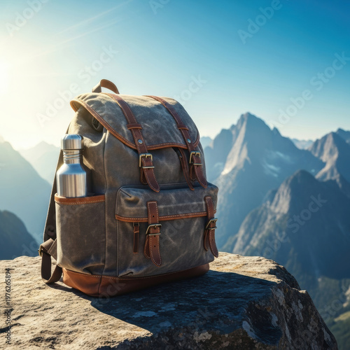 Wallpaper Mural Rugged backpack stainless steel water bottle mountain peak vista hiking gear travel adventure outdoor lifestyle exploration Torontodigital.ca