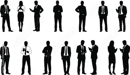 Business people silhouettes collection showing standing professionals, office workers, confident poses and communication isolated on white background, corporate workforce and leadership concept
