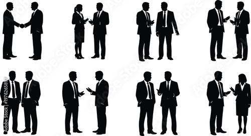 Business people silhouettes set showing professional meetings, handshake, discussion and teamwork isolated on white background, corporate communication and collaboration concept illustration