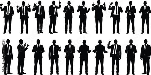 Business people silhouettes set with different gestures and poses, professional men in suits communicating, presentation and discussion concept isolated on white background