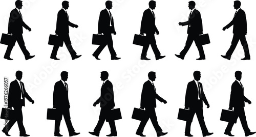 Businessman walking silhouettes set with briefcase, professional corporate people in motion, office worker collection isolated on white background, business travel and career concept