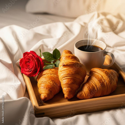 Wallpaper Mural Warm breakfast tray with croissant croissant croissant coffee rose bed linens romantic morning comfort Torontodigital.ca