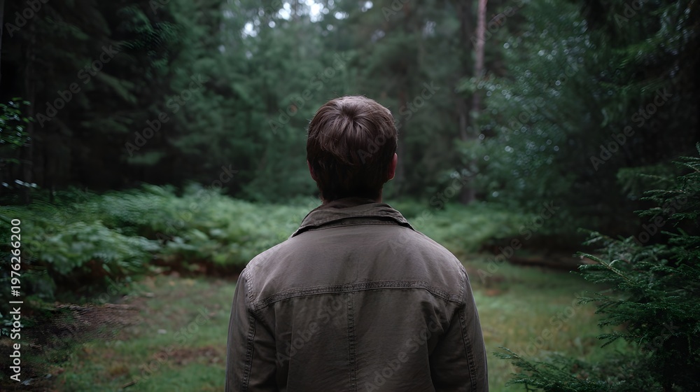 Naklejka premium A solitary figure stands with their back to the viewer enveloped by the deep vibrant greens of a dense forest clearing