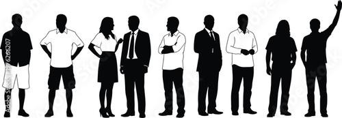 Diverse group of business people silhouettes standing together, teamwork and corporate unity concept, professional workforce isolated on white background, leadership and collaboration theme