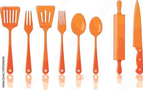 Kitchen Utensils Icons Set with Spatula, Fork, Spoon, Rolling Pin, and Knife in Bright Orange Style for Cooking and Culinary Concepts
