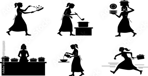 Cooking activity silhouette illustration, kitchen staff vector, culinary worker poses, frying pan, stirring pot, pouring bowl, restaurant hospitality artwork design