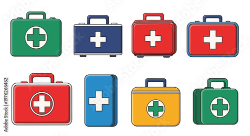 A collection of colorful first aid kits on a white background for medical and health concepts