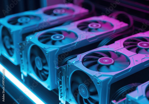 Wallpaper Mural Powerful graphics processing unit fan array illuminated by neon blue and purple light in server rack, high performance computing ambiance Torontodigital.ca