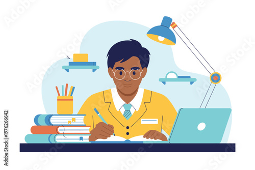 A young man studying at a desk with books and laptop