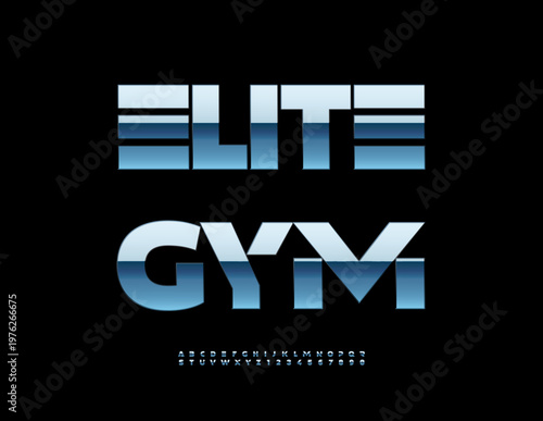 Vector Metallic sign Elite Gym. Reflective Futuristic style Font for Sport, Fashion and Technology.. Classy Silver Alphabet Letters and Numbers set.