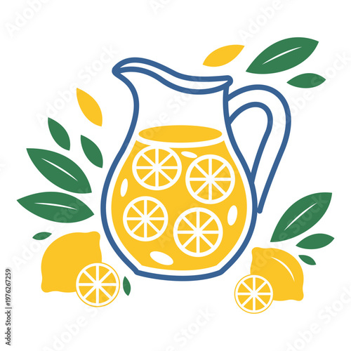 A colorful illustration of a pitcher filled with lemonade and lemons isolated white background, A refreshing pitcher of lemonade with lemons and leaves, perfect for summer drinks and recipes
