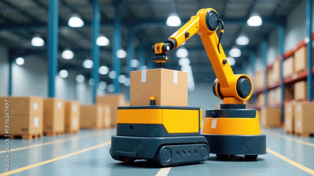 Fototapeta premium A robot moves boxes in a warehouse setting, providing efficient storage and organization solutions