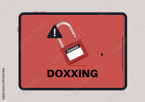 This creative representation showcases a tablet scenario highlighting the dangers of doxxing, The graphic features a warning sign and an unlocked padlock, illustrating potential privacy risks.